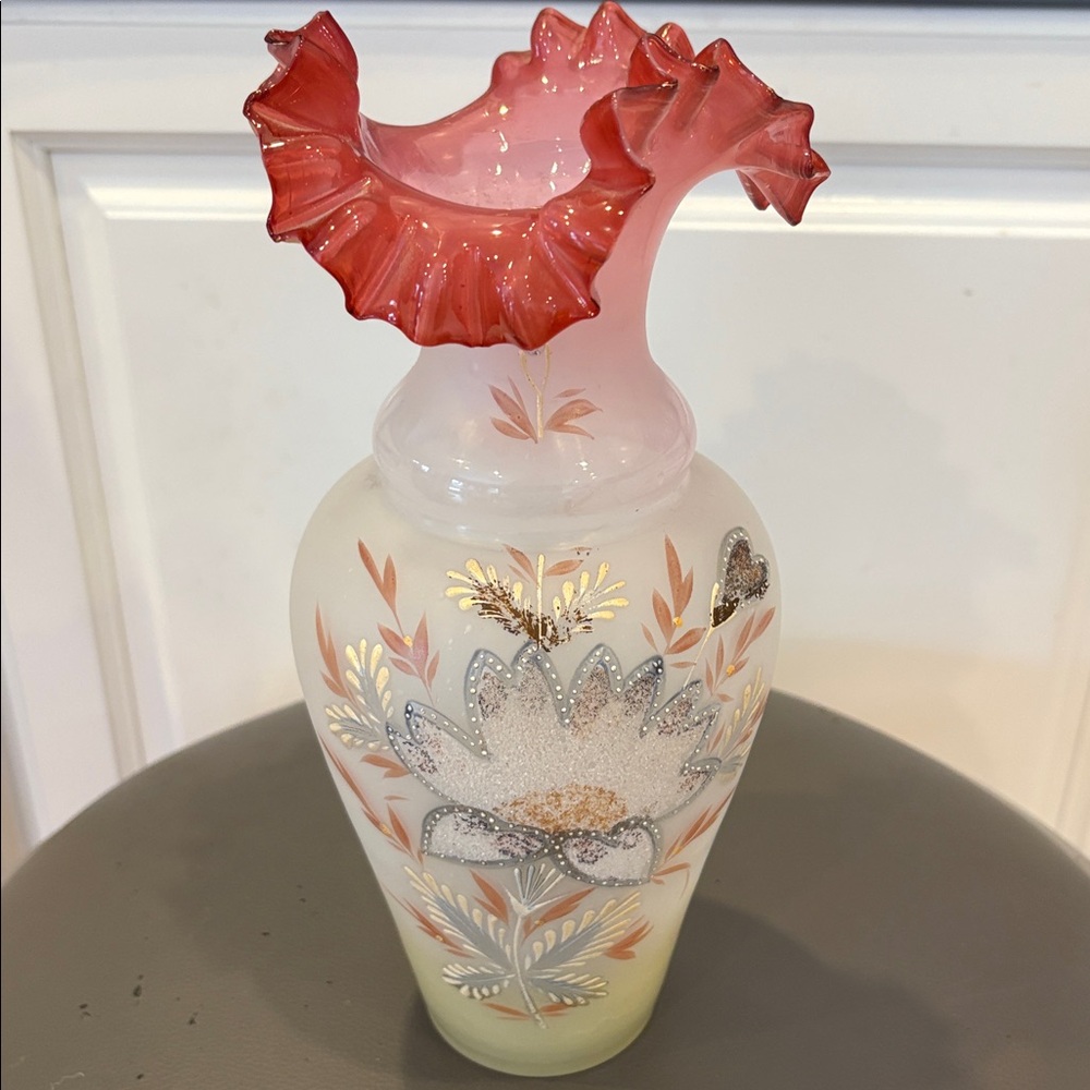 Victorian Glass Vase Hand Blown Painted Floral Ruffled Cranberry Pink Top 10.5”